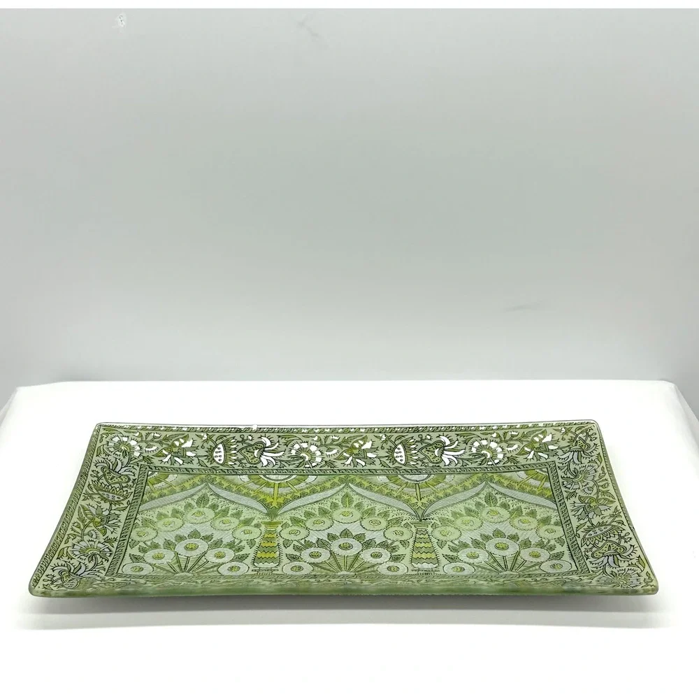 Pottery Barn Green Silver Floral Glass Decorative Tray Rectangular Platter